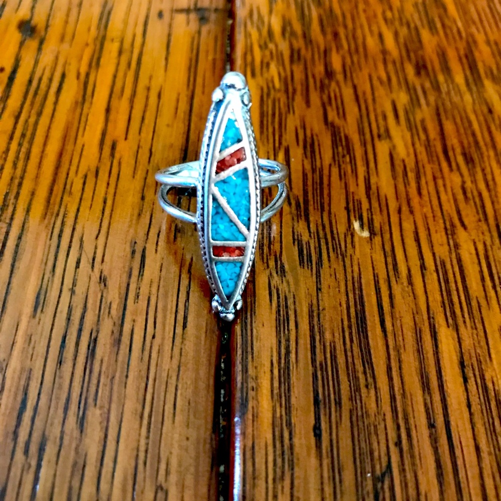 Turquoise and Coral Inlay Sterling Silver Marquise Ring - Picture 2 of 4